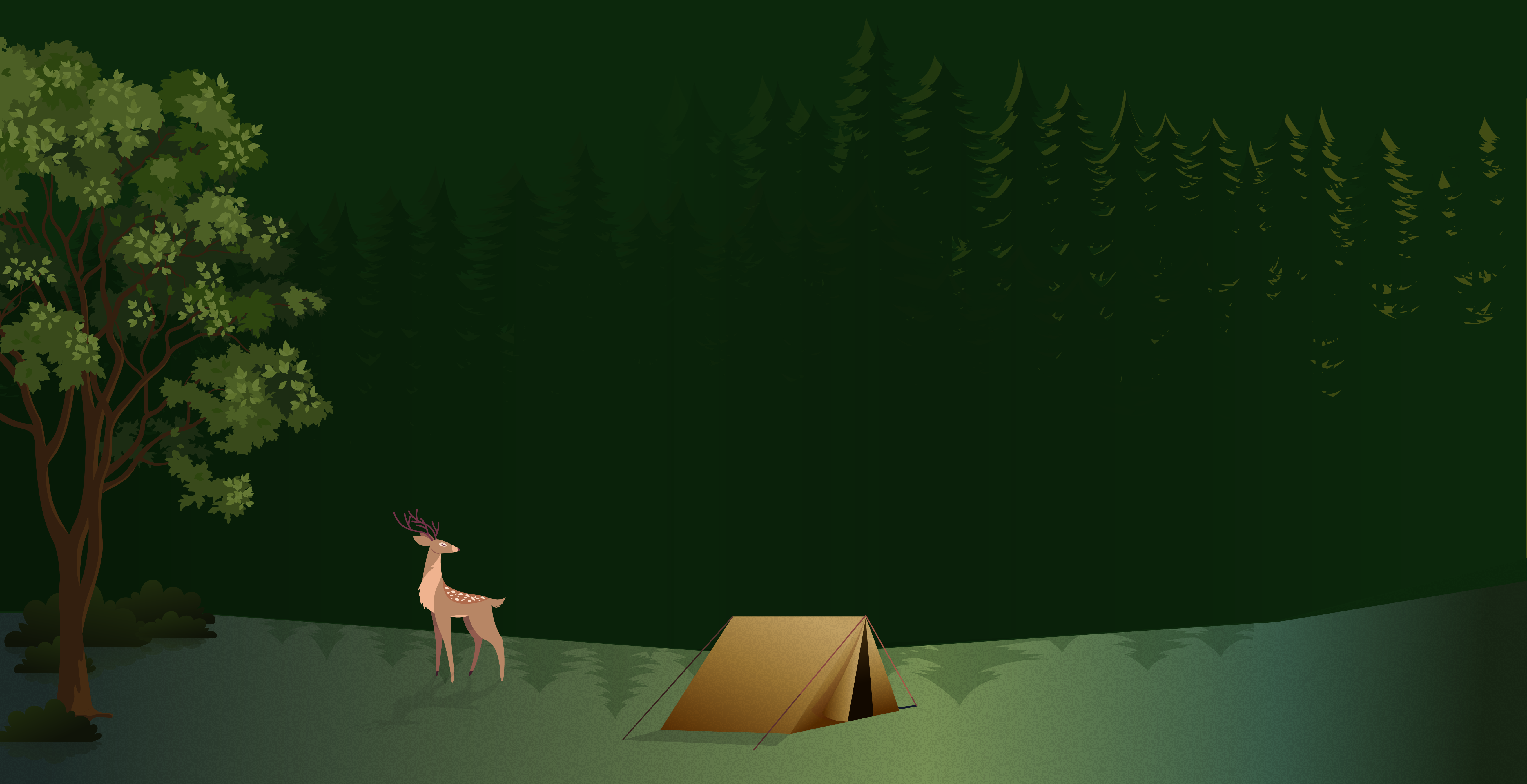 scene of forest with deer and campsite in background during the day