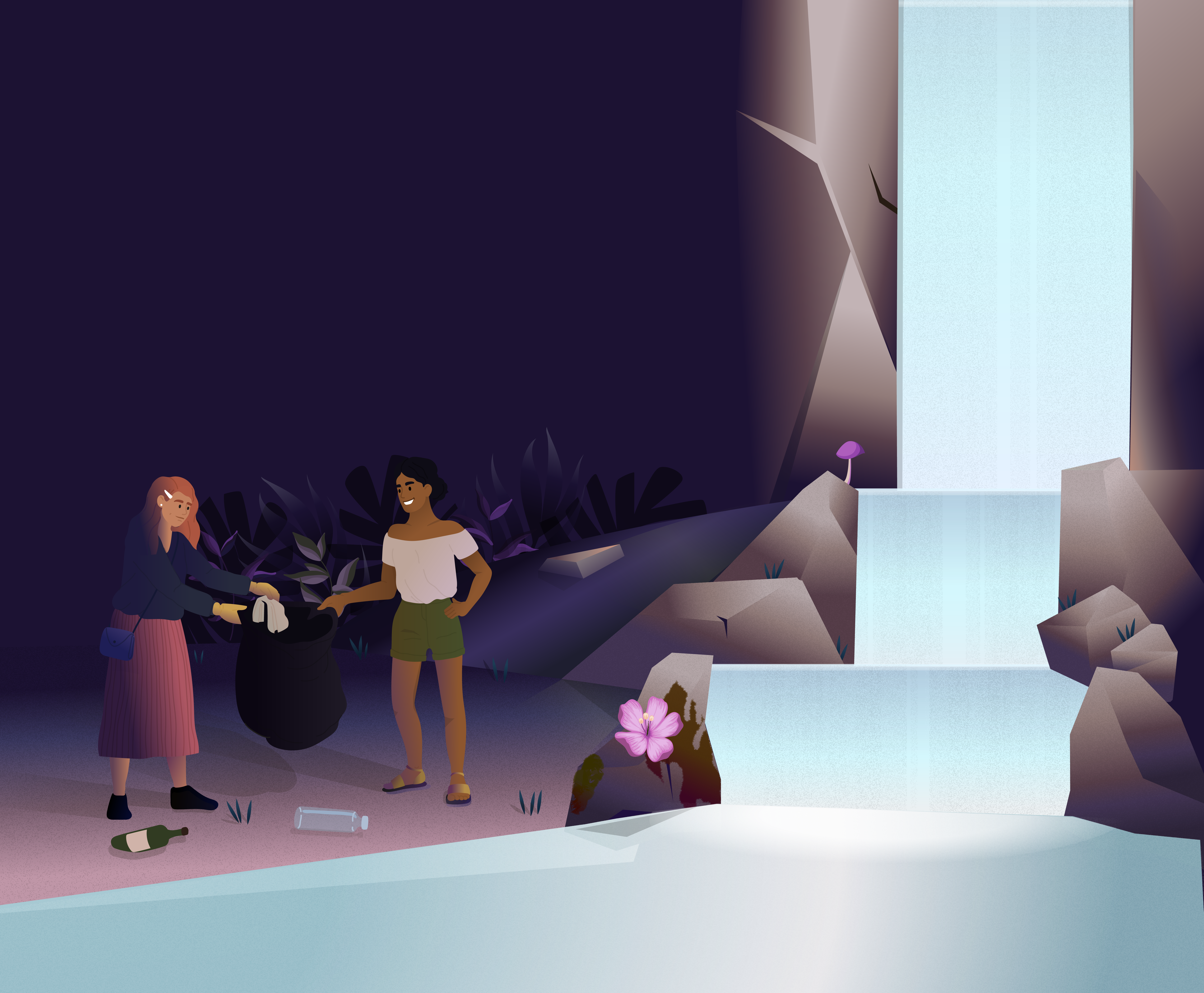 Illustration of waterfalls with two women picking up trash nearby